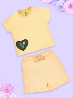 KiddoPanti - Girls Cotton Round Neck Tee with Heart Applique Shorts Beige (Set of 2)