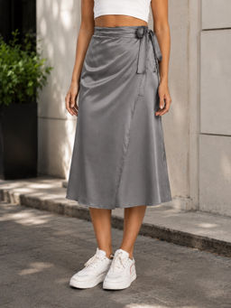 Bene Kleed - Women Grey Satin Wrap-Around Maxi Skirt