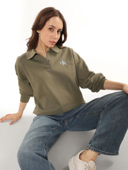 Calvin Klein - Relaxed Fit Cotton Polo Collar Olive Sweatshirt