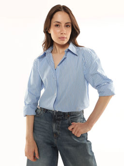 Calvin Klein - Blue Cotton Collar Neck Striped Shirt