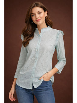 Club York - Blue Cotton Blend Collar Neck Embroidered Shirt