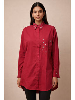 Club York - Maroon Cotton Blend Collar Neck Embroidered Shirt