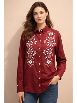 Club York - Wine Cotton Blend Collar Neck Embroidered Shirt