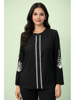Club York - Black Cotton Blend Round Neck Embroidered Shirt