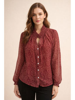 Club York - Wine Cotton Blend Ruffled Neck Printed Shirt
