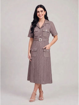 HOUSE OF S - Grey Cotton Flex Self Design Lace Dress with Belt