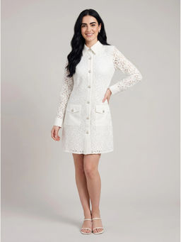 HOUSE OF S - White Cotton Flex Self Design Lace Dress