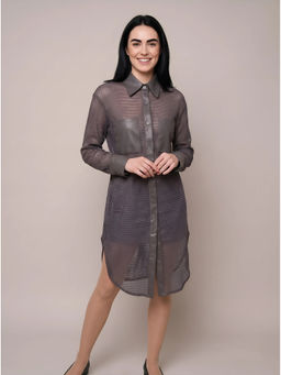 HOUSE OF S - Grey Cotton Flex Self Design Mesh Dress