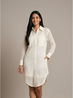 HOUSE OF S - White Cotton Flex Self Design Mesh Dress