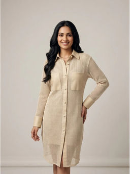 HOUSE OF S - Beige Cotton Flex Self Design Mesh Dress