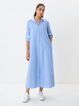 Femmella - Women's Cotton Stripes Blue Maxi Dress