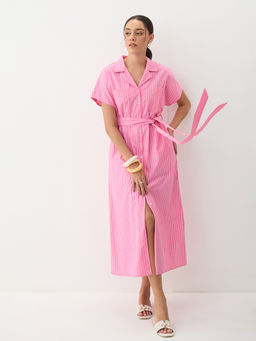 Femmella - Women's Cotton Stripes Pink Midi Dress
