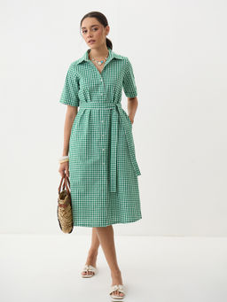 Femmella - Women's Cotton Checks Green Midi Dress