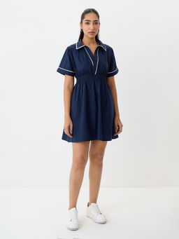 Femmella - Women's Poplin Solid Navy Blue Mini Dress