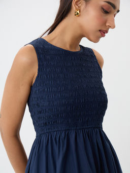 Femmella - Women's Poplin Solid Navy Blue Maxi Dress
