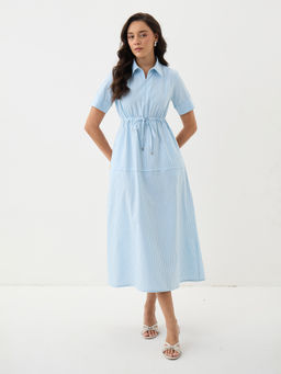 Femmella - Women's Cotton Stripes Blue Midi Dress