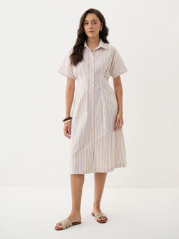 Femmella - Women's Cotton Stripes Beige Midi Dress