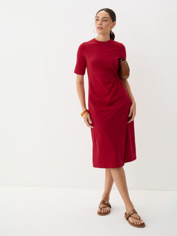 Femmella - Women's Cotton Solid Red Midi Dress