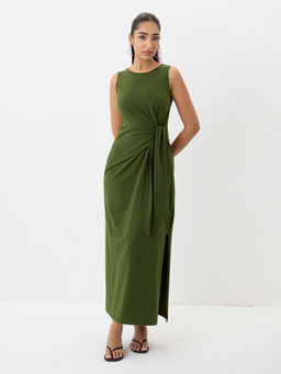 Femmella - Women's Cotton Lycra Solid Olive Maxi Dress