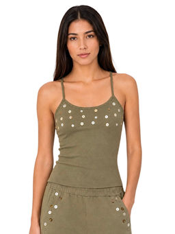 LUMIERES - Pistachio Iridescent Button Halter Top