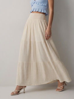 Outzidr - Cream High Waist Tiered Skirt