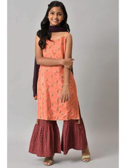 Aurelia - Liva Girls Orange Embroidered Kurta With Purple Sharar And Dupatta (Set of 3)