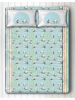 Silverlinen - Panda Village 100% Cotton Bedsheet for Kids Room with 2 Pillow Covers Blue (Queen)