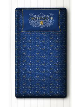 Silverlinen - 100% Cotton Bedsheet for Kids Room with 1 Pillow Cover Gryffindor Blue & Gold (Single)