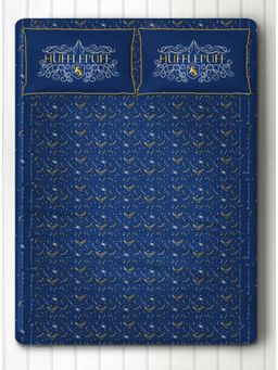 Silverlinen - 100% Cotton Bedsheet for Kids Room with 2 Pillow Covers Hufflepuff Blue & Gold