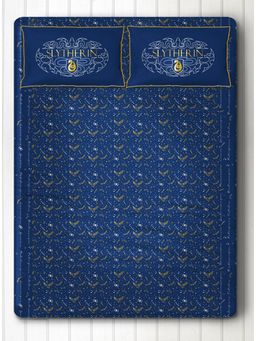 Silverlinen - 100% Cotton Bedsheet for Kids Room with 2 Pillow Covers Slytherin Blue & Gold