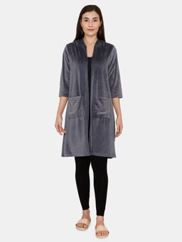 Zivame - Supersoft Velour Knit Mid Thigh Length Hoodie Shrug - Graphite