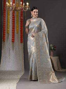 Akhilam - Womens Organza Grey Woven Design Designer Saree with Unstitched Blouse