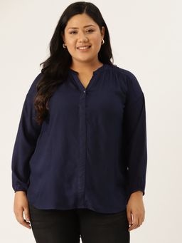 theRebelinme - Plus Size Women Navy Blue Solid Color Smocked Detail High Low Top