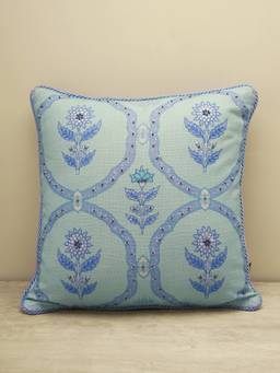Pure Home + Living - Blue Printed Embroidered Cotton Cushion Cover with Beads (16x16 inches)