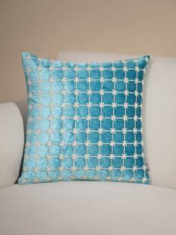 Pure Home + Living - Blue Geometric Embroidered Square Cushion Cover (16x16 inches)