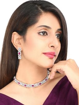 Yellow Chimes - White Pink Silver -toned American Diamond Studded Handcrafted Jewellery Set