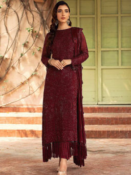Odette - Maroon Embroidered Georgette Semi Stitched Dress Material (Set of 3)