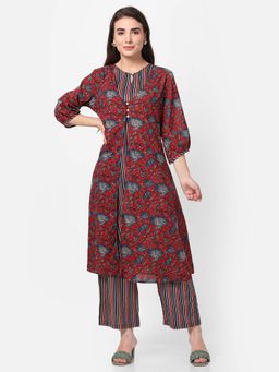 Shree - Women Cotton Dark Maroon Floral Printed Kurta Jacket Comfort Pant (Set Of 3)