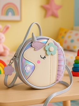 Mi Arcus - Unicorn Face Design Round Sling Bag With Zip Closure For Girls (2 Years+)