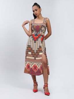 Label Ritu Kumar - Square Neck Sleevless Printed Long Dress