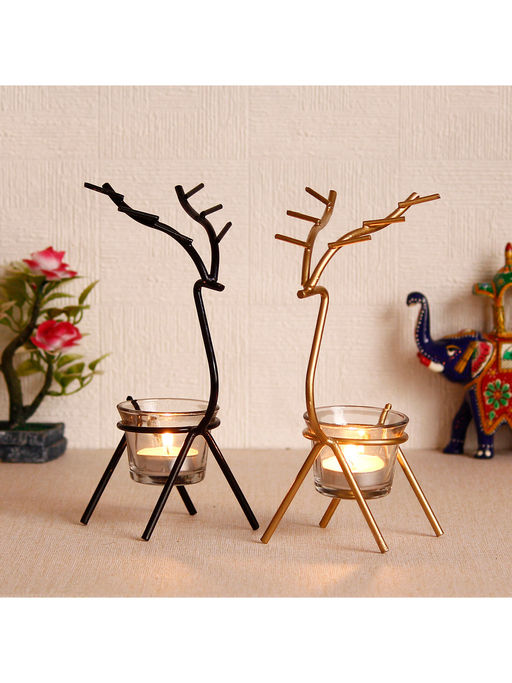 eCraftIndia Set Of 2 Deer Shape Decorative Handcrafted Metal Tea Light Holder