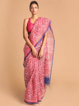 Indethnic - Maroon Floral Super Net Saree with Unstitched Blouse