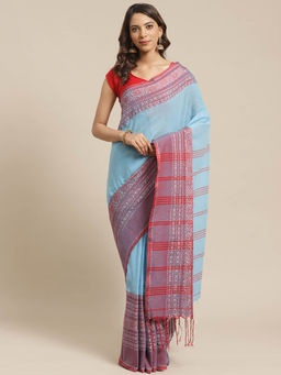 LAA CALCUTTA - Sky Blue and Red Cotton Handloom Saree with Unstitched Blouse