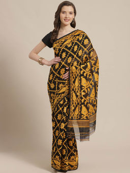LAA CALCUTTA - Black and Yellow Cotton Jamdani Saree