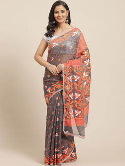 LAA CALCUTTA - Grey and Orange Cotton Jamdani Saree