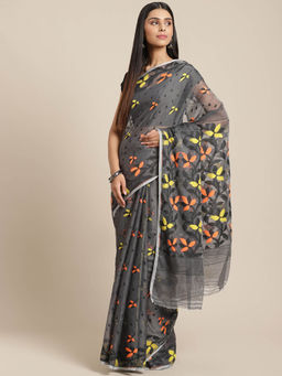 LAA CALCUTTA - Grey and Orange Cotton Jamdani Saree