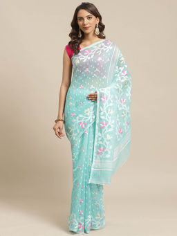 LAA CALCUTTA - Aqua and Multi Cotton Jamdani Saree