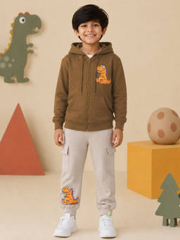 KiddoPanti - Brown Fleece Graphic Mid Waist Sweatshirt With Jogger