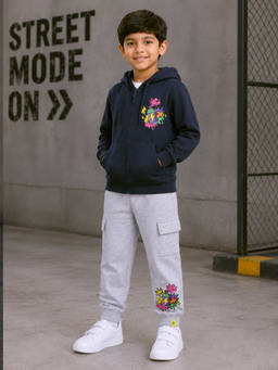 KiddoPanti - Navy Blue Fleece Graphic Mid Waist Sweatshirt With Jogger