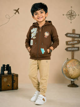 KiddoPanti - Brown Fleece Graphic Mid Waist Sweatshirt With Jogger